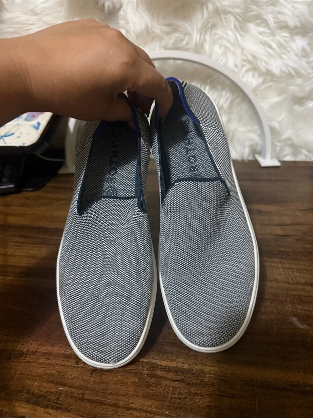 Rothy's Men's Slip-On Loafers in Gray with Blue Trim